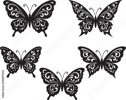 Set of black butterfly silhouettes with detailed ornamental pattern wings isolated on white background vector illustration