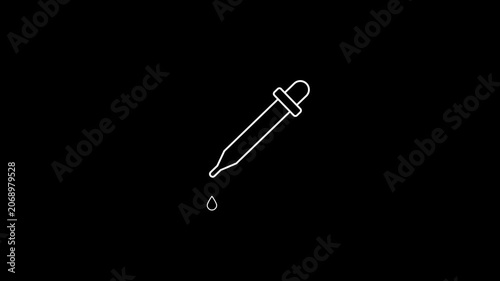 Minimalist white line animation of a pipette dropper icon with a single liquid drop isolated on a black background loop-able footage for skincare serum, and medical laboratory concepts.