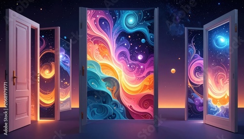 Surreal Doors to Vibrant Cosmic Landscapes.