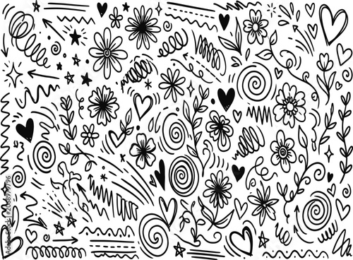 black and white hand drawn doodle design elements