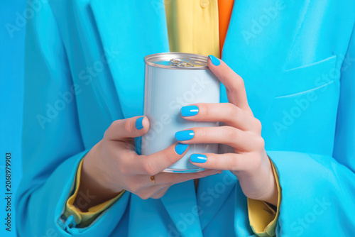 Close-up blank food can mockup held by businesswoman in blue suit