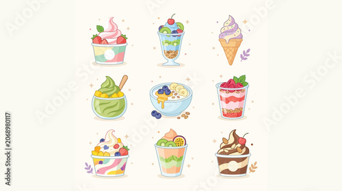 A collection of nine colorful and delicious dessert illustrations featuring ice cream, frozen yogurt, and parfaits with various toppings.