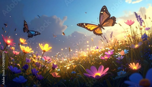 Butterflies Flying Over Vibrant Wildflowers in Sunny Meadow.