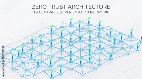 Zero trust architecture network, decentralized verification model, cybersecurity concept, blue geometric connections