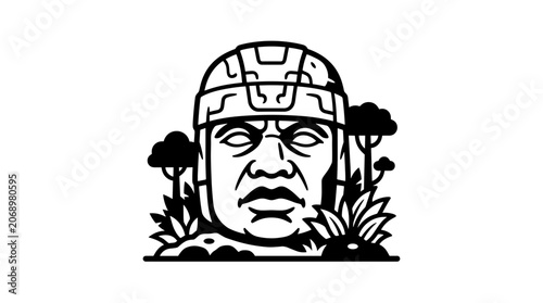 Olmec colossal head ancient stone sculpture illustration.