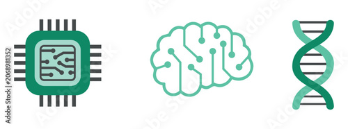 Artificial Intelligence, Neural Brain and DNA Technology Icons Representing Machine Learning, Biotechnology and Scientific Innovation
