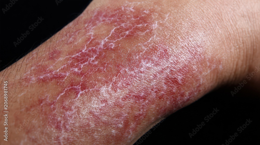 Fototapeta premium Skin Eczema Dermatitis Psoriasis Redness Flaking Scaly Patches Close Up Dermatology Medical Photo