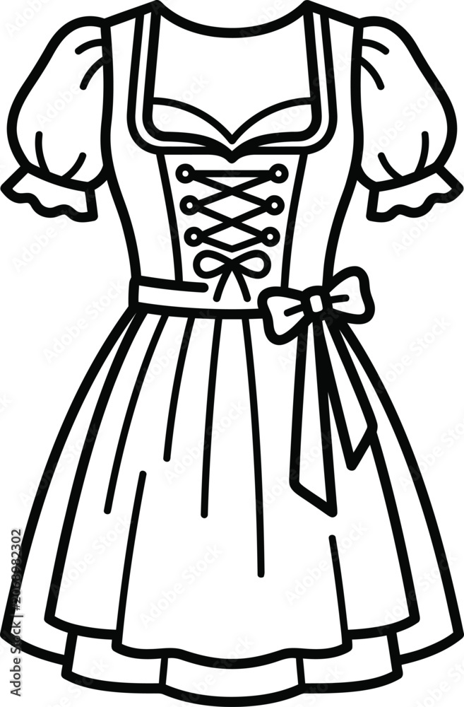 Fototapeta premium Dirndl dress vector icon - traditional folk clothing line art with black and whi