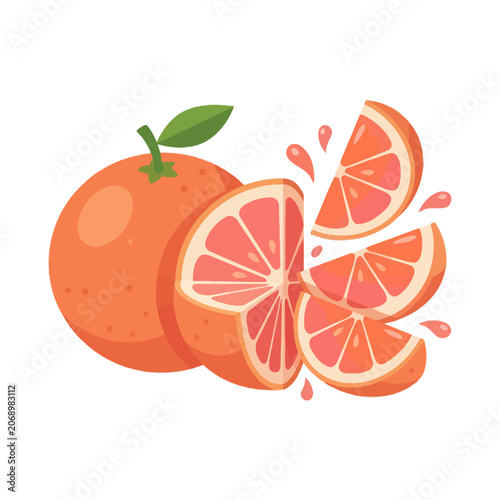 Fresh grapefruit slices with juice splashes on white background