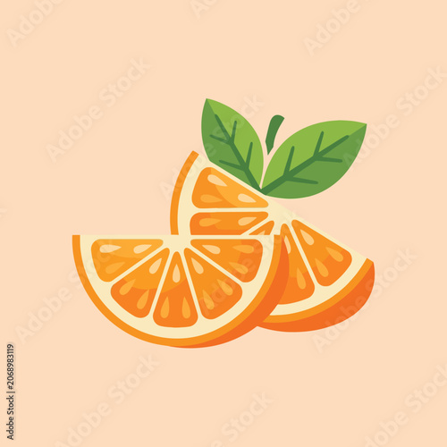 Two fresh orange slices with green leaves on a peach background