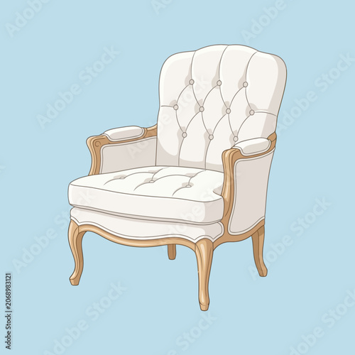 Elegant white tufted armchair with a classic wooden frame