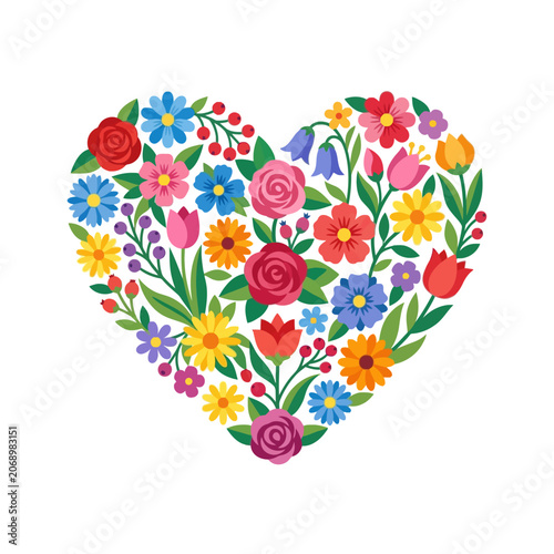 Colorful floral heart shape with various spring flowers