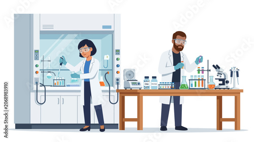 Scientists in lab coat conducting experiments, vector illustration