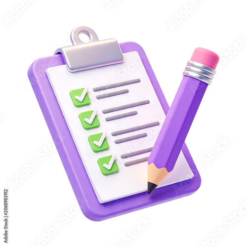 3D Render Of Purple Clipboard With Checklist Green Tick Marks And Pencil Isolated On Transparent Background