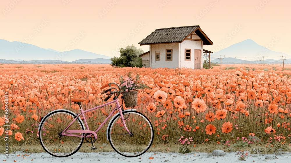 Fototapeta premium Pink bicycle with basket of flowers stands in vibrant orange poppy field near small rustic house under soft pastel sky. watercolor style
