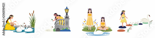 Foto Flat Illustration Set of Young Girls in Yellow Dresses Interacting with White Sw