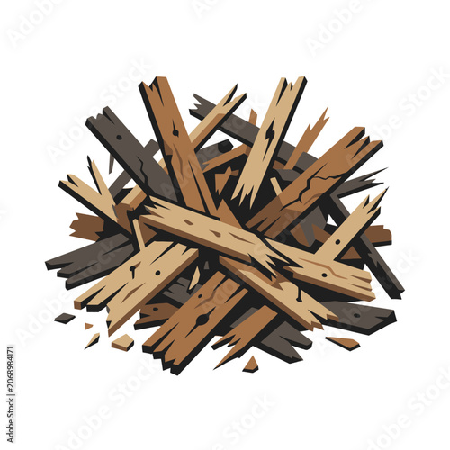 A pile of weathered wooden planks sits in a rough arrangement