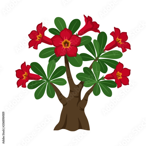 A vibrant cartoon tree blooms with bright red flowers