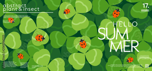 Abstract landscape summer horizontal background with red ladybugs sitting on clover leaves, top view. Simple geometric nature modern design for cover, banner, poster, flyer, layout, wallpaper