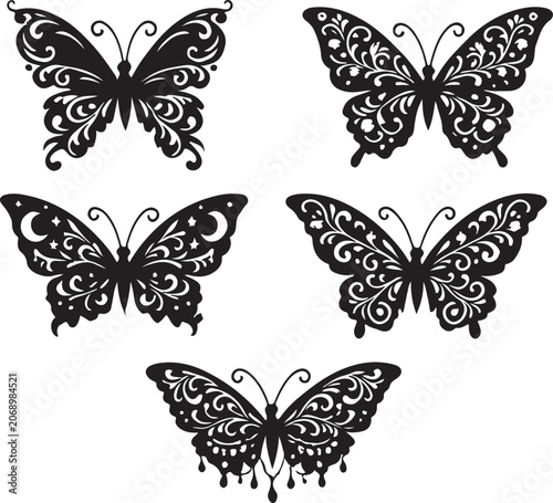 Decorative Black Butterfly Silhouettes with Ornate Intricate Patterns Set Isolated on White Background