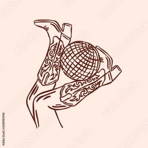 Legs in cowboy shoes holding disco ball line art vector illustration. Cowgirl bachelorette, Wild West, western design whimsical element