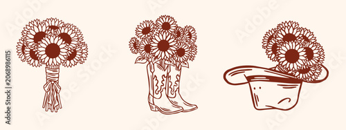 Sunflowers in cowboy style line art vector set of illustrations. Sunflower bouquet, sunflowers in cowboy shoes, sunflowers in cowboy hat. Western, Wild West whimsical doodle design elements