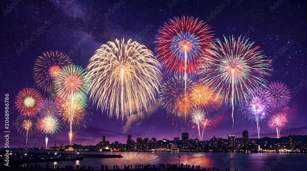 Obraz premium Independence day panorama of colorful fireworks over a city skyline