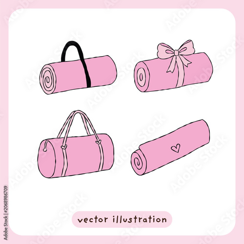 Pink yoga mat and gym bag vector illustration set, cute fitness equipment bundle with coquette bow and heart doodle, kawaii workout clipart