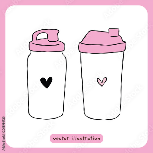 Pink gym water bottle and protein shaker vector illustration set, cute fitness shaker cups with heart doodle, kawaii gym gear clipart