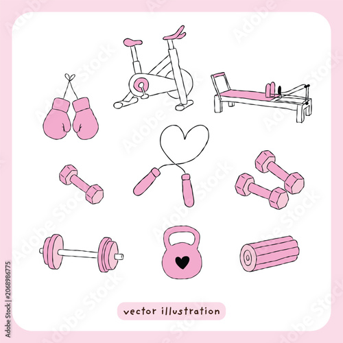 Cuadro en lienzo Pink fitness equipment vector illustration set, cute gym workout icons with pila