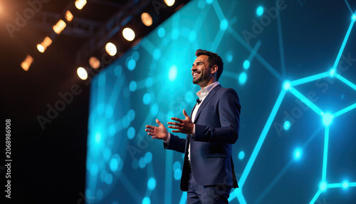 Man in suit gestures energetically on stage with bright abstract digital background. He smiles while presenting ideas to audience at corporate conference event. Pro speaker shares insights.
