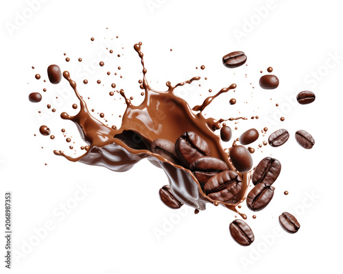 Liquid coffee or chocolate splash with flying dark coffee beans, dynamic food splash movement isolated on transparent background
