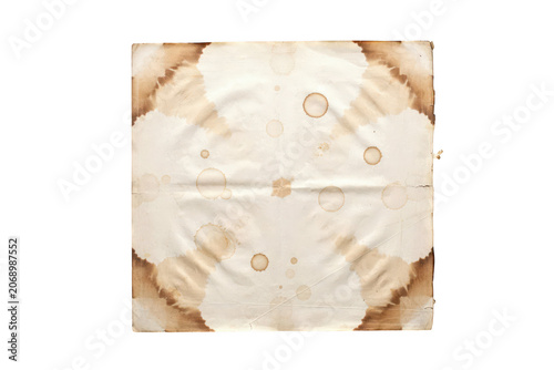 Square piece of aged paper featuring multiple brown circular coffee stains and water marks, vintage texture with worn edges