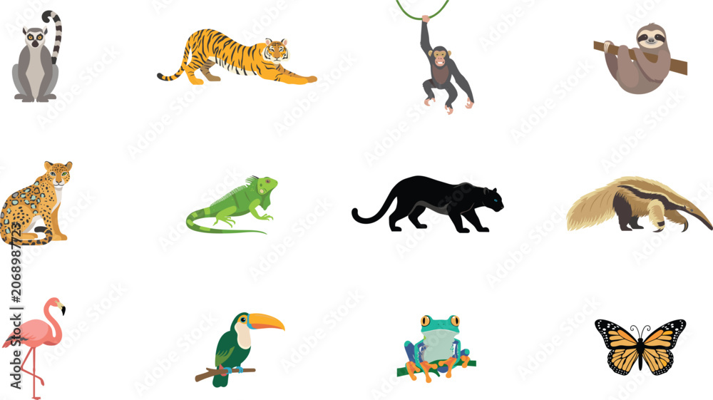 Obraz premium Jungle and Rainforest Exotic Animal Vector Illustration Set Featuring Tiger, Jaguar, Sloth, Lemur, Toucan, Flamingo, and Tree Frog for Wildlife Designs