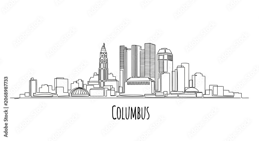 Fototapeta premium Columbus Ohio Skyline Illustration, Black and White, Line Art