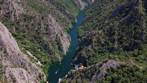 Matka Canyon river flowing through steep mountains and Matka Dam near Skopje, North Macedonia