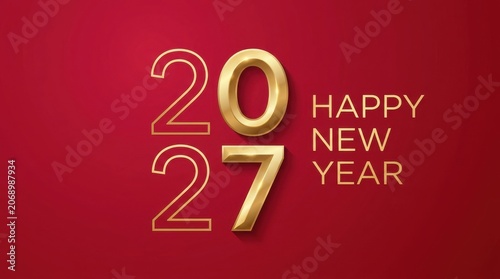 2027 Gold Numbers with Happy New Year Greeting Text on Deep Red Background, Festive Holiday Celebration Graphic for Seasonal Cards, Banners, and Digital Invitations