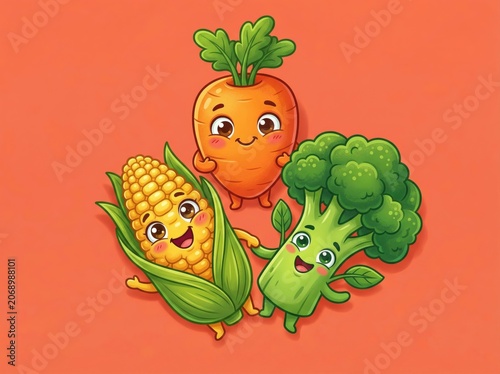 Cute anthropomorphic carrot, corn, and broccoli characters with smiling faces, vibrant healthy vegetable illustration for children, food education and nutrition concepts