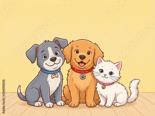 Three cute cartoon pets including a grey puppy, a golden puppy, and a white kitten sitting together on a wooden floor against a soft yellow background for children and animal lovers