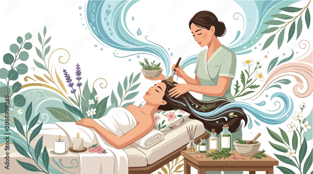 Naklejka premium A woman receiving a relaxing natural hair mask treatment in a spa salon.