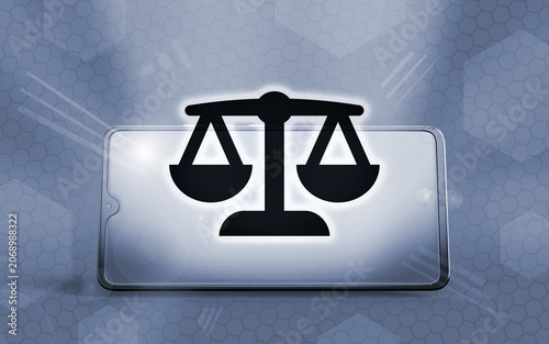 Teléfono inteligente 3D realista que muestra un icono de balanza de justicia brillante en la pantalla. Concepto digital sobre derecho, asesoría legal, justicia en línea y tecnología móvil.