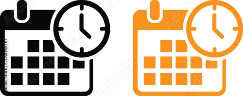 Black and orange calendar icons with clock symbols for time management and schedule planning