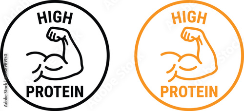 High protein circle icon set with a flexed arm symbol for healthy food and fitness labels