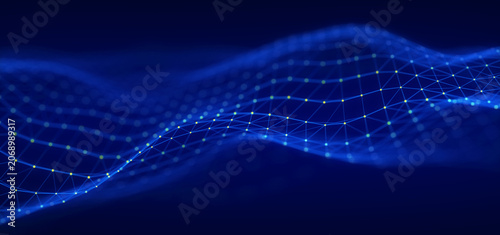 Tableau sur toile Blue glowing network wave on dark background
