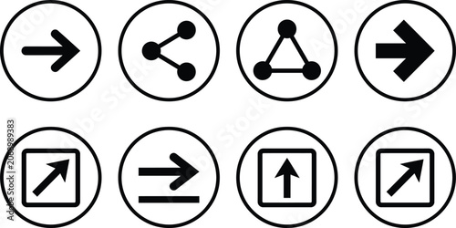 Set of black arrow and social media share icons in circular frames