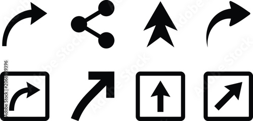 Set of black arrow icons and share symbol for web navigation and user interface design