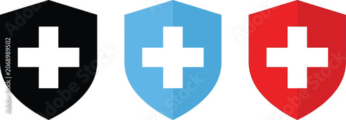 Set of three colorful shield icons with white medical cross symbols for health and safety design