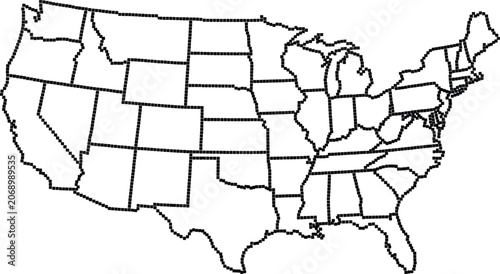 Simple black and white outline map of the united states of america with state borders
