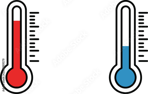 Two thermometers showing hot red and cold blue temperature levels as simple vector icons