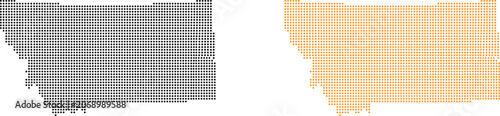 Two stylized maps of montana state made with dot patterns in black and orange colors